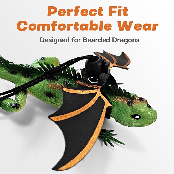 Dinosaur Wing Leash Harness for Bearded Dragons - 3-Size Adjustable Reptile Harness Set, Safe Escape-Proof Design for Lizards, Geckos, Iguanas & Small Pets (Black)