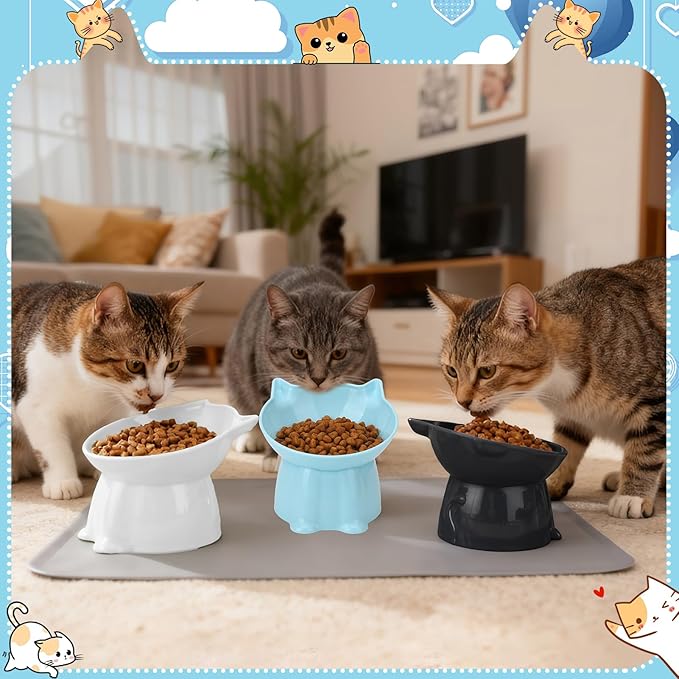 3 Pcs Elevated Cat Bowls 15°Raised Cat Food Bowl with Silicone Mat Whisker Friendly Anti Vomiting Cats Dishes Pet Food and Water Bowls for Indoor Cats Kittens, Blue, Black, White