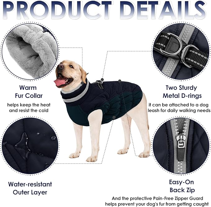 AOFITEE Dog Coat, Warm Dog Winter Coat for Large Dogs, Reflective Turtleneck Dogs Jacket with Harness Built in, Waterproof Windproof Pet Puffer Jacket Fleece Vest for Cold Weather, Navy XXXL