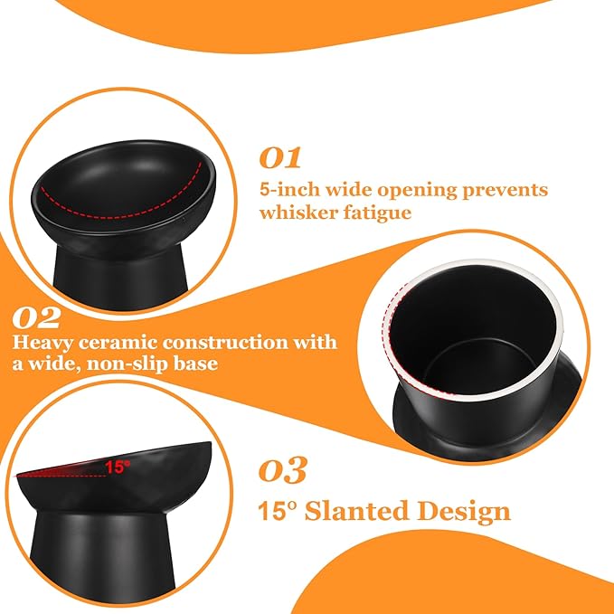 2PCS Anti-Tip Ceramic Pet Slanted Bowls – Elevated Tilted Cat Food & Water Bowls Set, Non-Slip Stress-Free Feeder for Cats & Small Dogs, Dishwasher and Microwave Safe (Black)