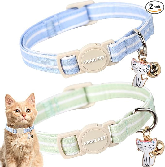 ARING PET 2 Pack Cat Collar-Cute Cotton Cat Collar Breakaway with Bell & Pendant, Adjustable Blue Green Striped Kitten Collars with Safety Buckle for Girl and Boy Pets