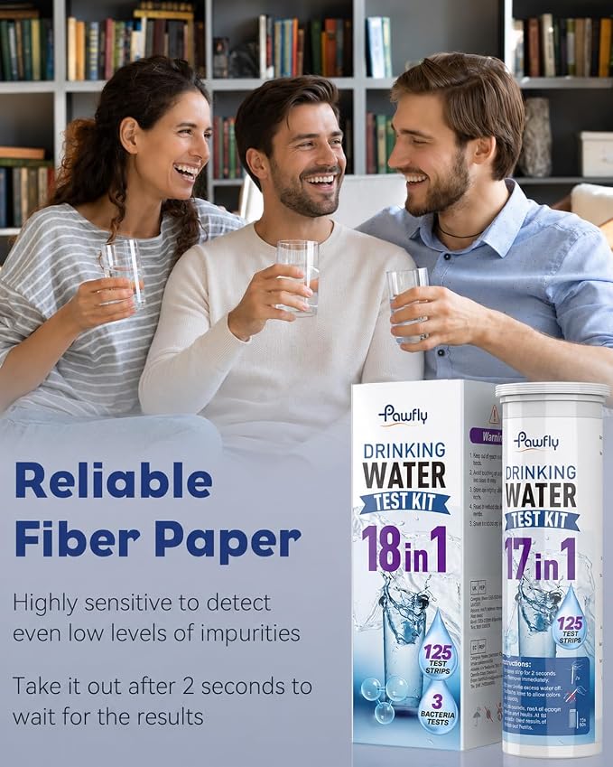 Pawfly 18 in 1 Drinking Water Test Kit, 125 Strips for Tap Water Well Swimming Pool Aquarium Spa, Home Water Quality Test Strips for pH Hardness Chlorine Lead Iron Copper Nitrate Fluoride & More