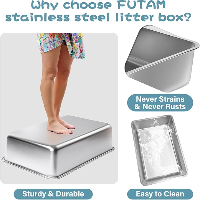 Stainless Steel Litter Box 2 Pack, 23.6“x15.7"x6" Deep Stainless Steel Cat Litter Box Extra Large, XL Metal Litterbox for Big Cats with High Sides, Non Stick Surface, Easy to Clean