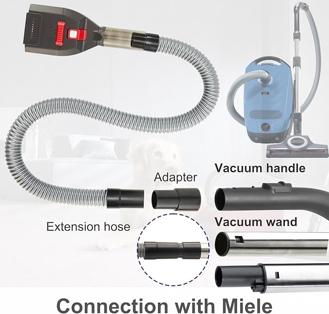 Dog Brush Vacuum Attachments Compatible with Miele Vacuum Cleaners, Pet Hair Shedding Grooming Tool for C1 C2 C3 CX1 Canister Vac, Long Extension Hose Adapter (1 3/8" 35mm)