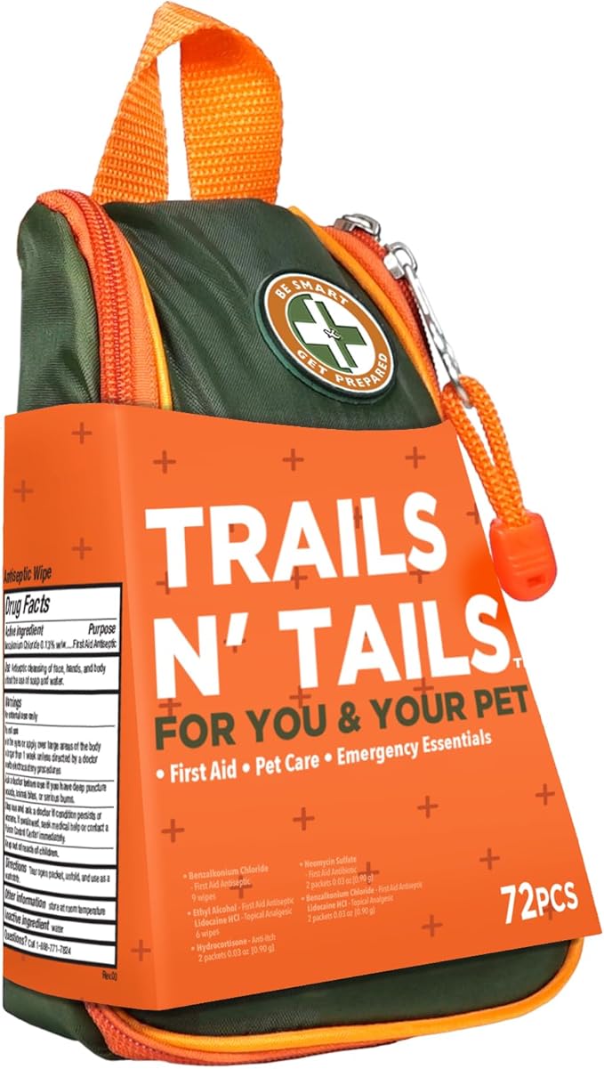Be Smart Get Prepared Trails N’ Tails First Aid For You & Your Pet - 72 Pieces - Pet Care & Emergency Essentials - Designed for Pets, Outdoor, Auto & Home - Compact & Portable