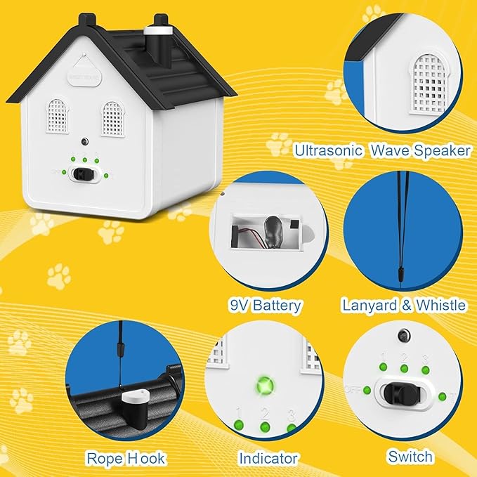Effective Anti Barking Deterrent - 3 Adjustable Levels Bark Control Device, 50FT Waterproof Outdoor Tool for Small/Medium/Large Dogs