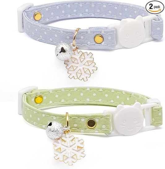 2 Pack Cotton Breakaway Cat Collar with Bell Green&Blue White Snowflake Pendant Cute Kitten Cat Collar Suitable for Girls and Boys