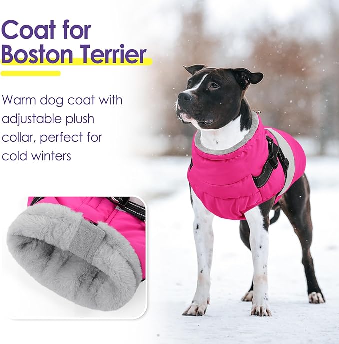 Dog Coat, XXXL Dog Jacket Winter with Harness Built in, Waterproof Pet Snow Jacket with Furry Collar for Chilly Day, Reflective Fleece Snowsuit for Extra Large Dogs, Hot Pink 3XL
