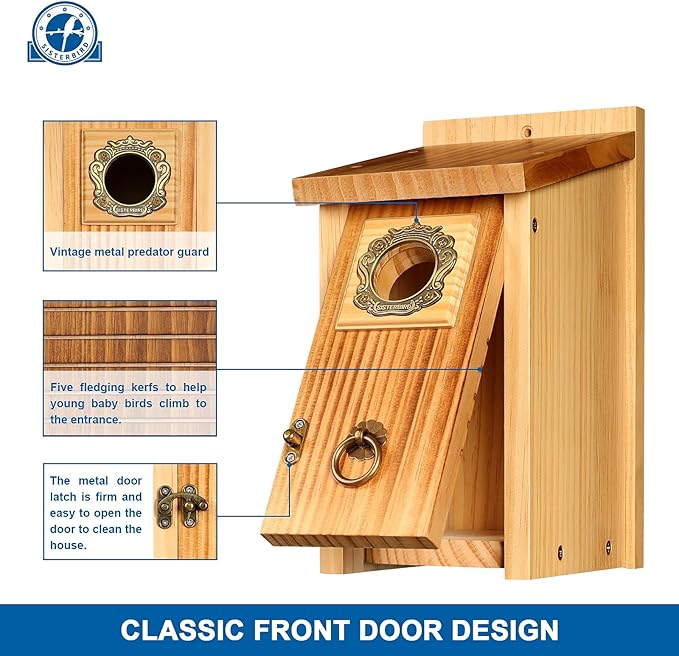 SISTERBIRD Premium Pack of 2 Bluebird Houses for Outside, Garden Bird Houses for Outdoor, Vintage Metal Predator Guard, Birdhouse Gift, Weatherproof Coating Bird Nesting, Assembly Required