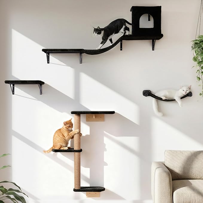 Wall Mounted Cat Furniture Set of 4 – 4 in 1 Cat Wall Shelves with Hammock, Bridge, Climbing Tree & Perch – Shelves for Large Cats, Holds Up to 30 lbs, Indoor Playground