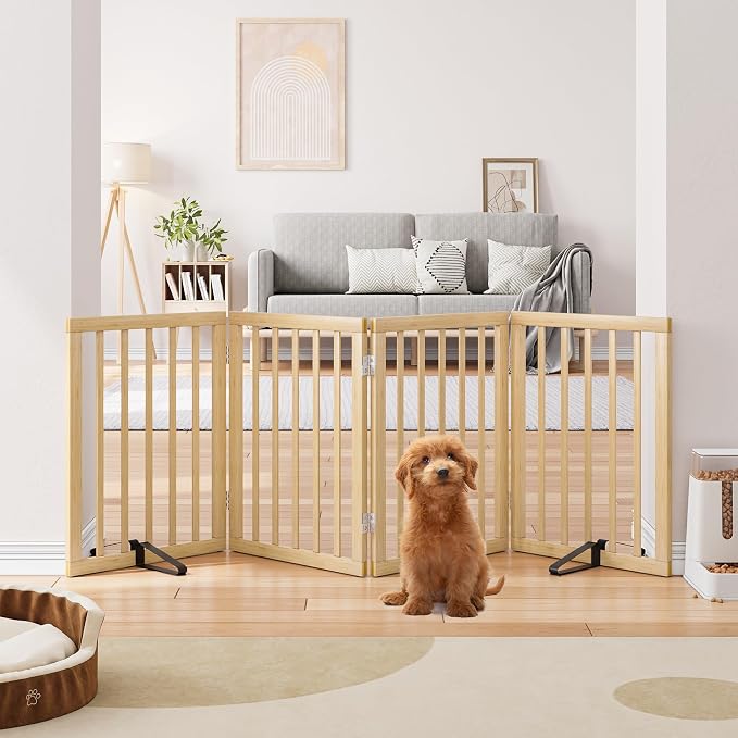 Semiocthome Solid Bamboo Dog Gate with 2 Stands, Freestanding Pet Gates for Doorways and Stairs, 24" Height-4 Panels Puppy Gate for The House, Fully Assembled Indoor Gate Safety Fencee - Natural