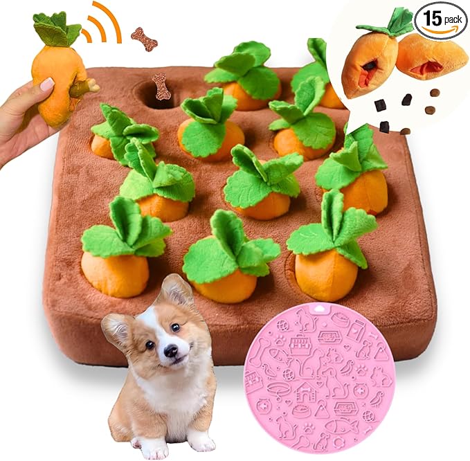 CECE PAW Dog Enrichment Puzzle, Interactive Squeaky Carrot Farm Snuffle Mat for Mental Stimulation and Puppy Brain Training, Small, Medium and Large Dogs (Upgraded Carrots with Treat Pockets)