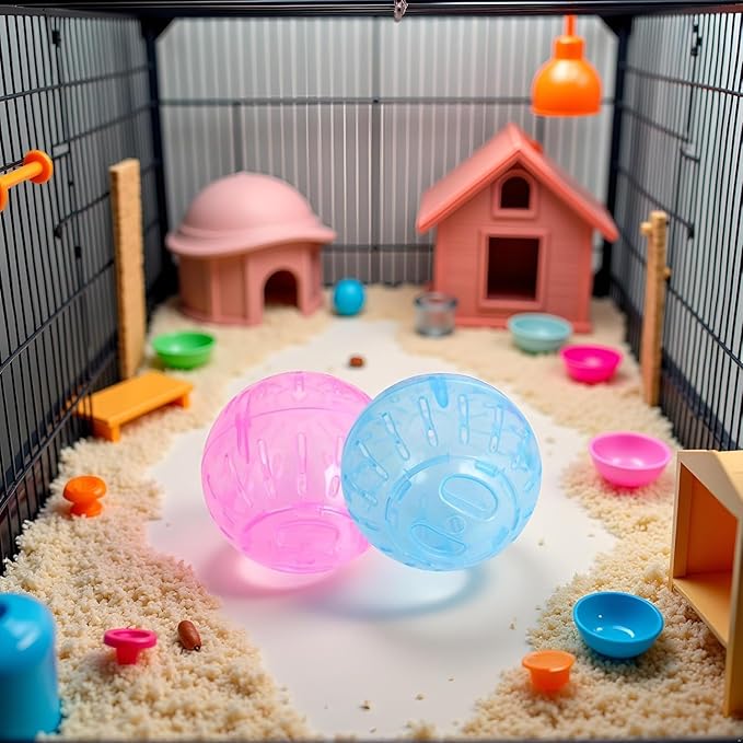 2Pcs 3.94 Inch Rotundity Hamster Balls, Breathable and Sturdy Dwarf Hamster Exercise Balls Running Wheel Gerbil Toys, Small Animals, Portable Small Pet Supplies (Blue and Pink)