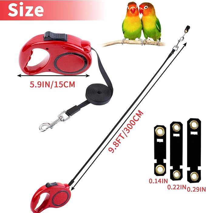 Retractable Bird Leash, 9.8ft Anti-Bite Bird Harness, Adjustable Parrot Harness with 3 Sizes Foot Rings, Outdoor Flying Harness for Macaws, Cockatiels, Macaws, Conures, Parrot, Parakeet