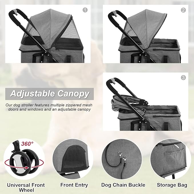 BestPet 3-Wheels Pet Stroller - Dog & Cat Premium 3-in-1 Multifunction Detachable Carrier Lightweight Folding Travel Stroller, Grey