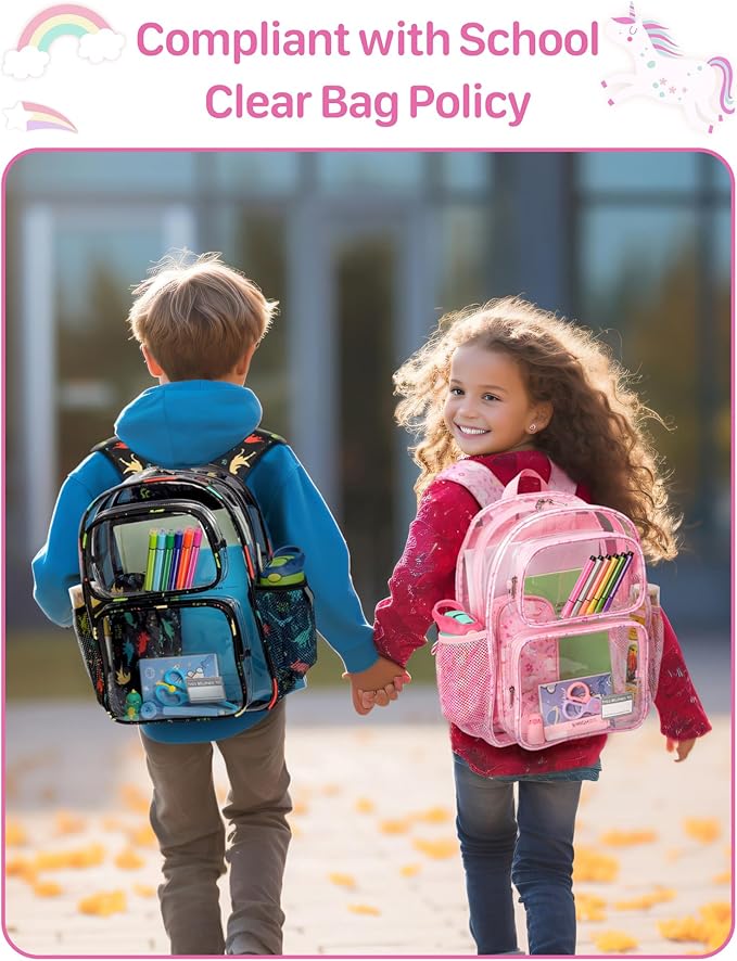 Bagseri 3pcs Clear Backpack for Girls - 15 Inch School Bag Set with Lunch Box and Pencil Case, Heavy Duty Transparent Bookbag for Kindergarten to Grade 2, Pink Unicorn