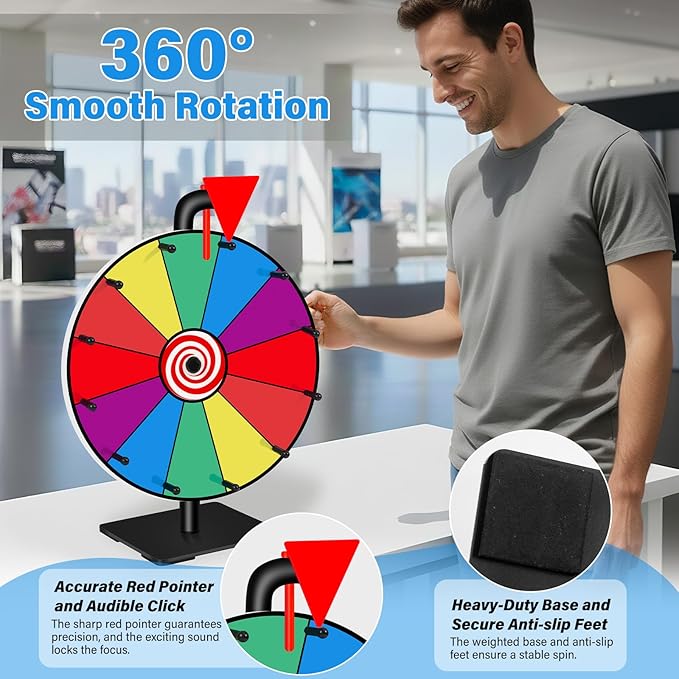 Klvied 12 Inch Prize Wheel, 12 Slot Tabletop Color Spinning Wheel, Carnival Spin Wheel with Dry Erase Markers and Eraser for Trade Show, Fortune Spin Game