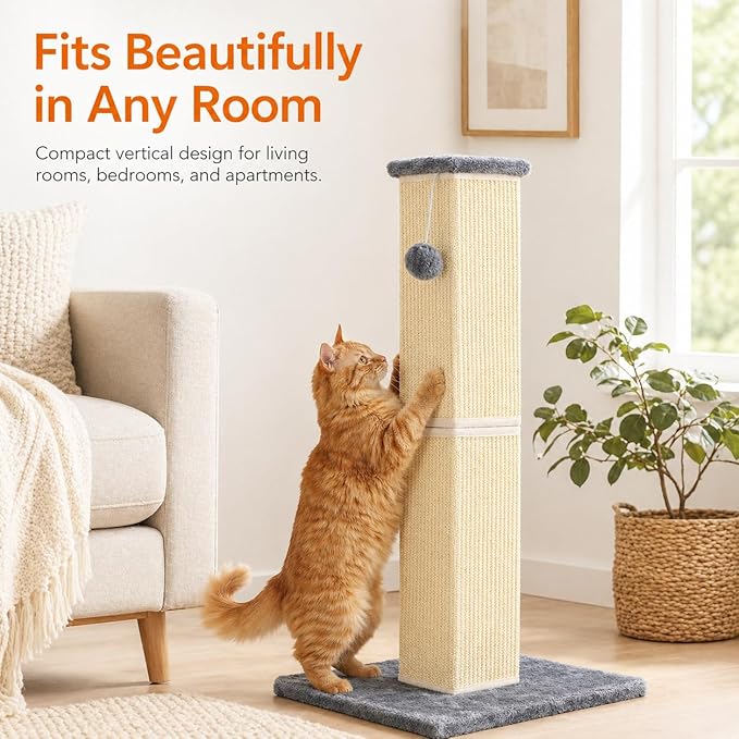 32" Tall Cat Scratching Post for Large Indoor Cats & Kittens, Cat Scratcher with Extra Large Stable Base and Natural Sisal, Sturdy Cat Scratch Post to Protect Furniture & Couch, Grey