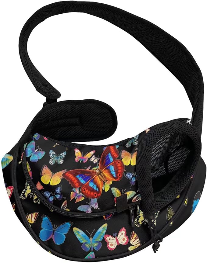 FUSURIRE Colorful Butterfly Print Pet Carrier Sling for Small Dogs Cats Hands Free Pet Puppy Outdoor Travel Carrier Bag Adjustable Strap Padded Shoulder Sling Travel Tote Bag up to 5lb Puppy
