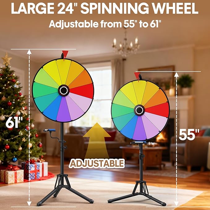 KOOV 24 Inch Prize Wheel, Adjustable 55"-61" Height Spinning Wheel for Prizes, Storable Wheel Spinner with Stand- Roulette Wheel for Party Games, Carnival, Business Events & Classroom Activities