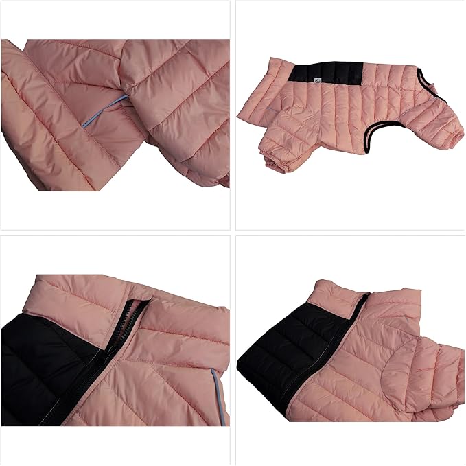 Warm Dog Coat, 4 Legs Covered Waterproof Windproof Reflective Vest, Zippered Adjustable Outdoor Snow Jacket for Small Medium Large Dogs, Lotus Pink M