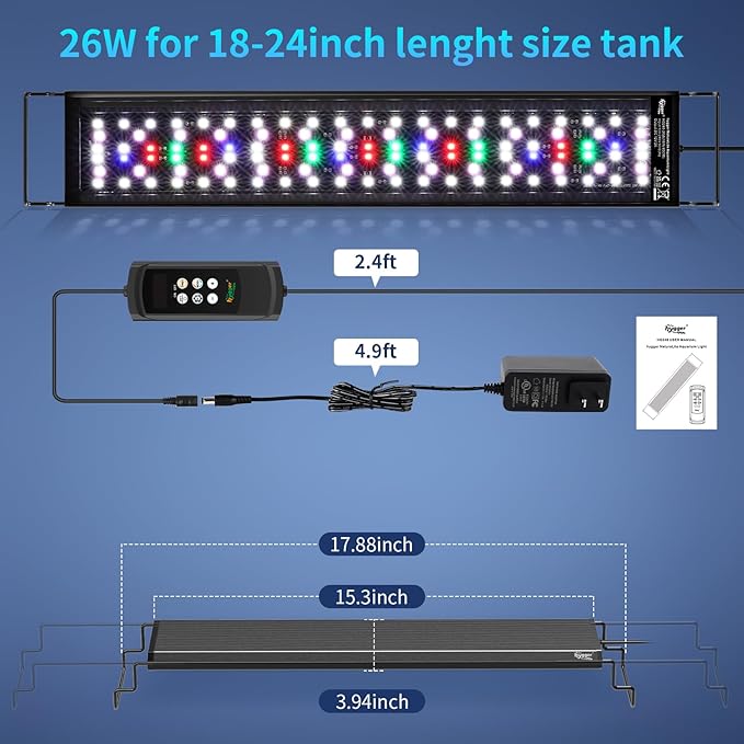 hygger Aquarium Light, 26W Full Spectrum Fish Tank LED Light, 24 H Remote Control Adjustable Timer, Brightness and Color, Extendable Bracket, Power-Off Memory Plant Growth Lamp, Fits 18-24 Inch Tank