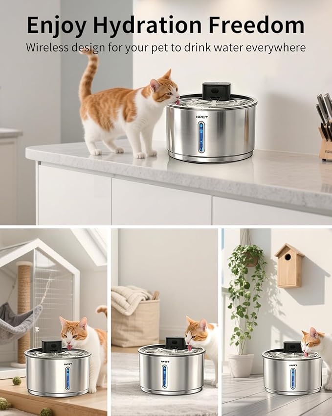 NPET Wireless Cat Water Fountain Stainless Steel, 1 Gallon/135oz Battery Operated Automatic Pet Drinking Fountain - Cordless Dog Water Dispenser with Water Level Window for Cats Indoor