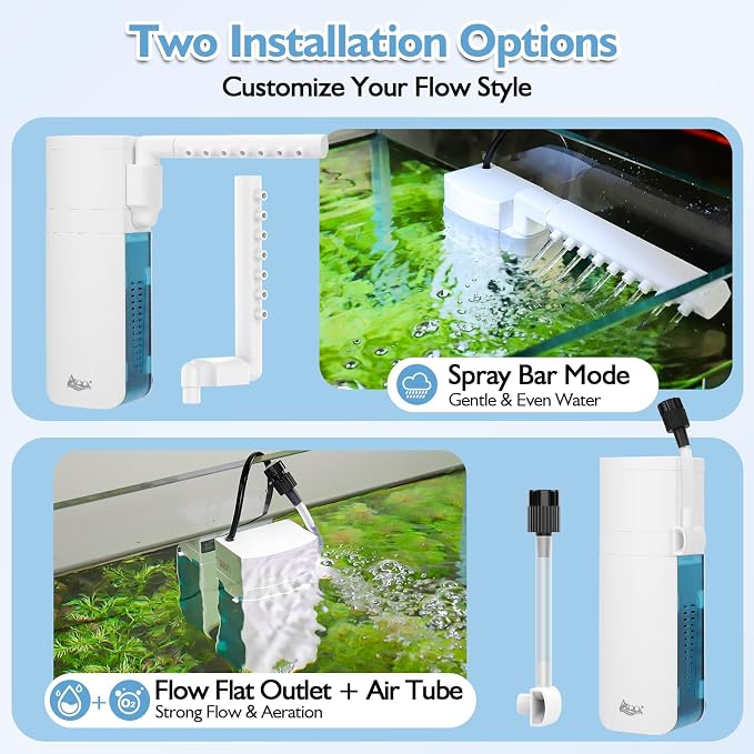 AQQA Aquarium Filter, 3W, 5-10 Gallon Tank | 79GPH Internal, Dual Water Outlet & Aeration, Crystal Clear Water, Submersible Pump & Filter System