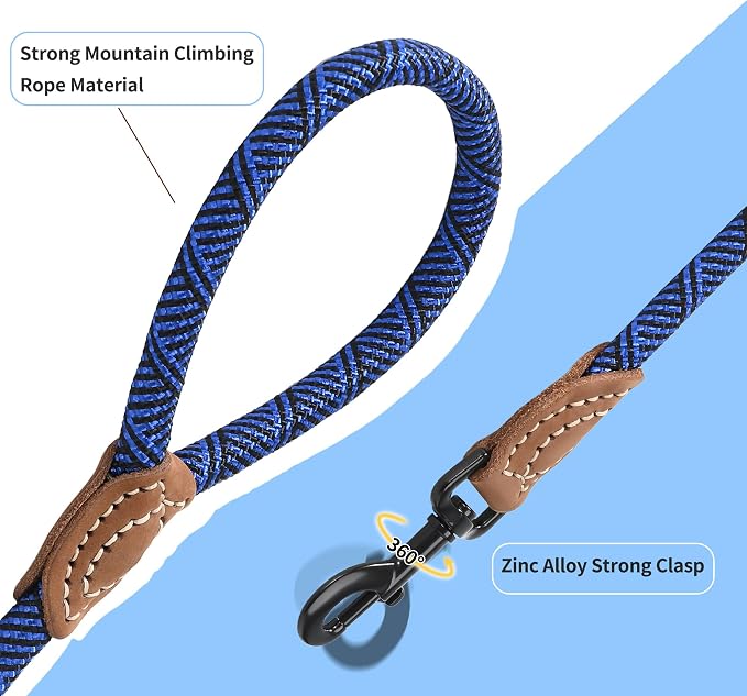 Mile High Life Rope Leash with Genuine Leather Connection, 6 FT/5 FT/4 FT, Heavy Duty Leash for Medium & Large Dogs (Blue, 60 Inch)