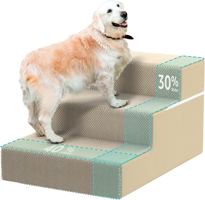 YENING Large Dog Stairs for High Beds - Extra Wide Pet Steps for Large Dogs to Get on Tall Bed 3 Deep Step Cat Ramp for Couch Beige