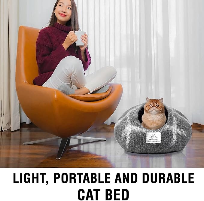 Woolygon Premium Felt Cat Cave Bed – Wool Kitty Beds Handcrafted Kitten Caves Bed for Indoor Cats - Made from Merino Wool, Foldable Cat Hideaway Covered Cat House Pod (Hide & Seek)