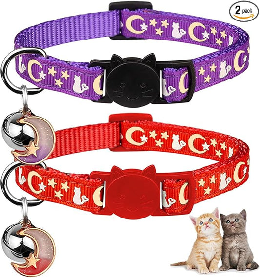 Baeuppit 2PCS Breakaway Cat Collars with Bell Cute Kitty Glow in The Dark Adjustable Kitten Collars(Red&Purple)