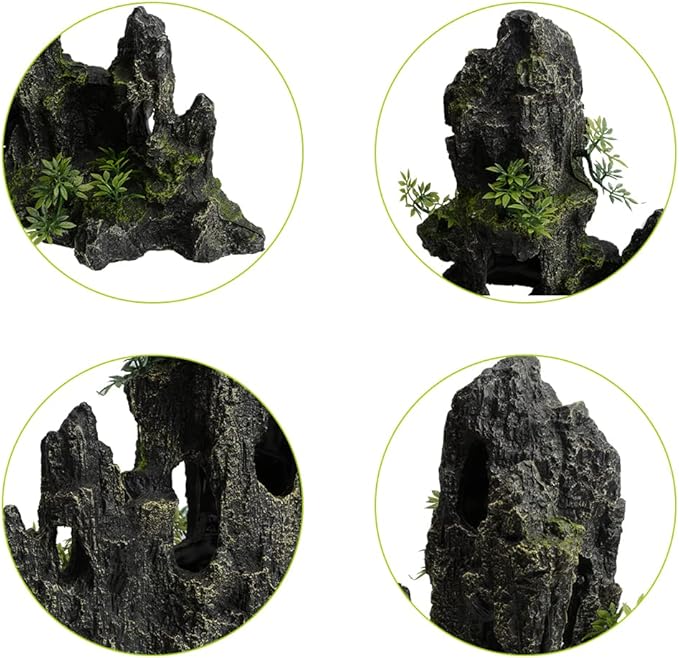 Saim Large Aquarium Mountain View Stone 11.02" Tall Resin Cave Ornament – Betta Hideout with Artificial Plants, for Cichlids Goldfish, Multi-Cave Aquascape Fish Tank Accessories
