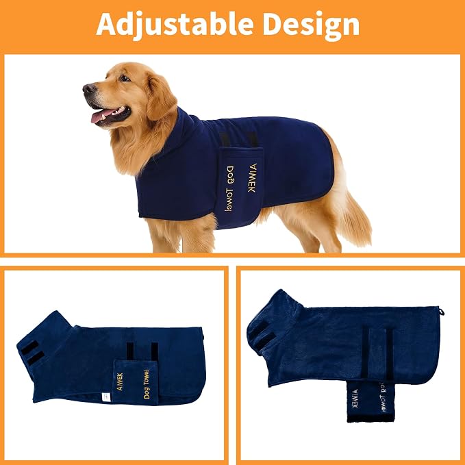 Dog Towel Dog Bathrobe, Microfiber Super Absorbent Pet Bathrobe, Quick Drying Robe for Dogs and Cats After Bath, Adjustable Collar & Belly Strap, Blue, XL