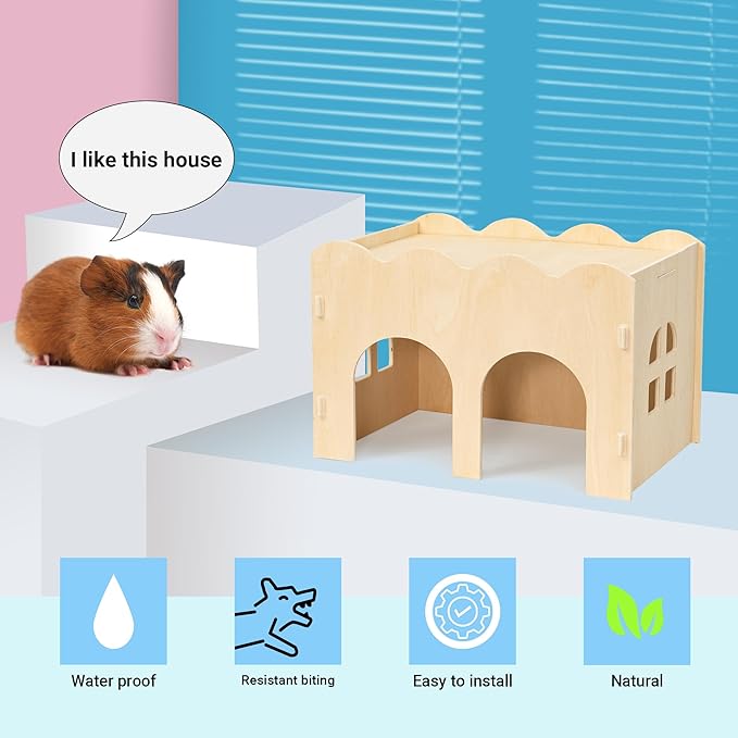 Bifeaw Guinea Pig Hideout, Natural Wooden Chew Proof Hideaway Hut for Small Pets (Guinea Pig)