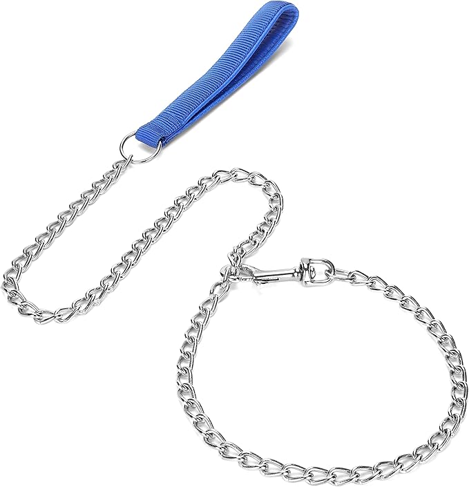 SGODA Metal Chain Heavy Duty Dog Leash, Chew Proof Dog Leash with Soft Handle for Large & Medium Size Pets Walking(4 ft. x 3.0 mm Blue)