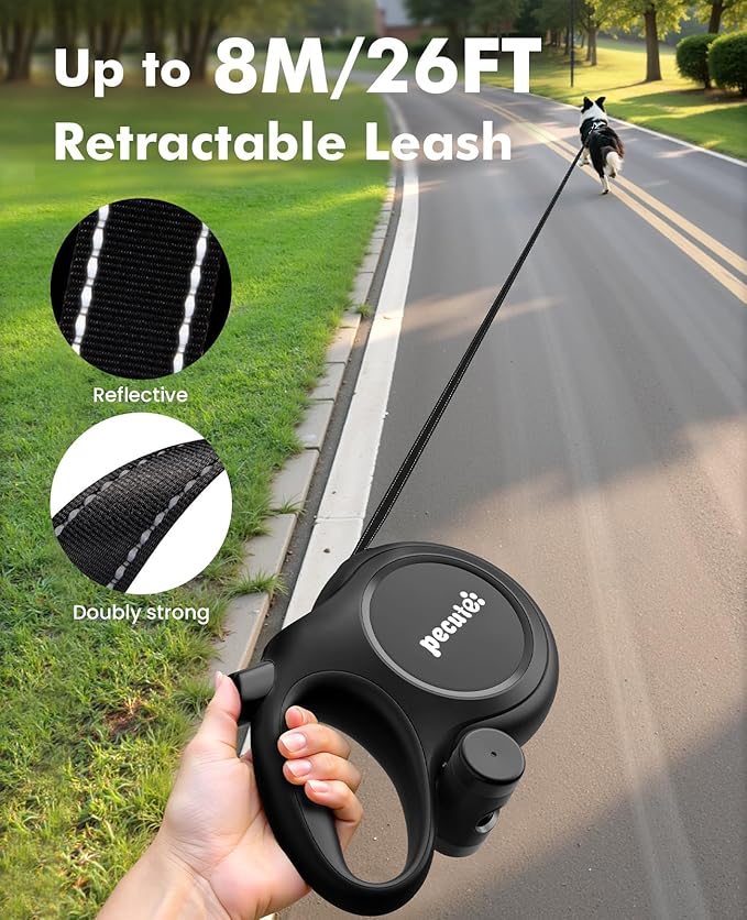 26ft Dog Leash Retractable with Chew Proof Extender, Upgraded Heavy Duty Retractable Dog Leash with Poop Bag Holder,Anti-Slip Grip, Reflective Leashes for Medium Large Pets 33lbs-110lbs (Black)