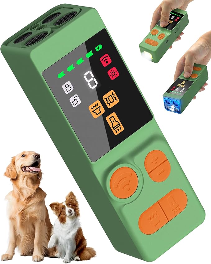 [Digital LED Display] ultrasonic Dog bark Deterrent with 4 Transmitters, Green 10 Gears Dog Training Device for Dogs, Rechargeable Anti Barking Device & Dog Repellent with Flashlight
