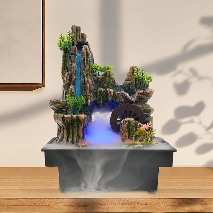 Indoor Fountain Rockery Tabletop Fountain with an Atomizer Elaxation, 7.9''L x 7''W x 10.6''H with LED Light Water Feature Meditation Desktop Fountains for Home Office Decor or Gift