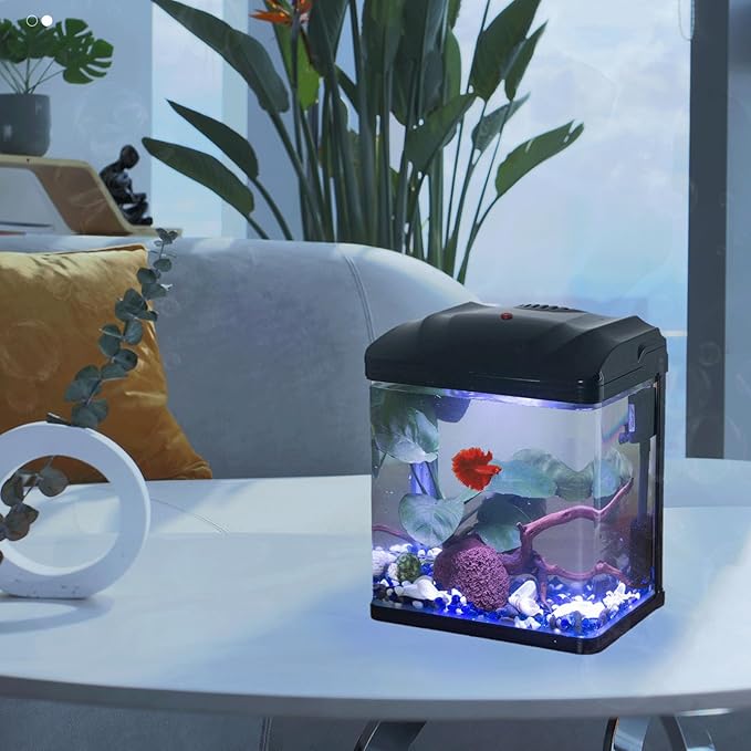 2 Gallon Fish Tank, Betta Fish Tank Small Aquarium Starter Kits Self Cleaning with 3 Types of LED Lights and Filter Water Pump, Ultra Quiet Decoration Kids Room Gift with Glass Aquarium
