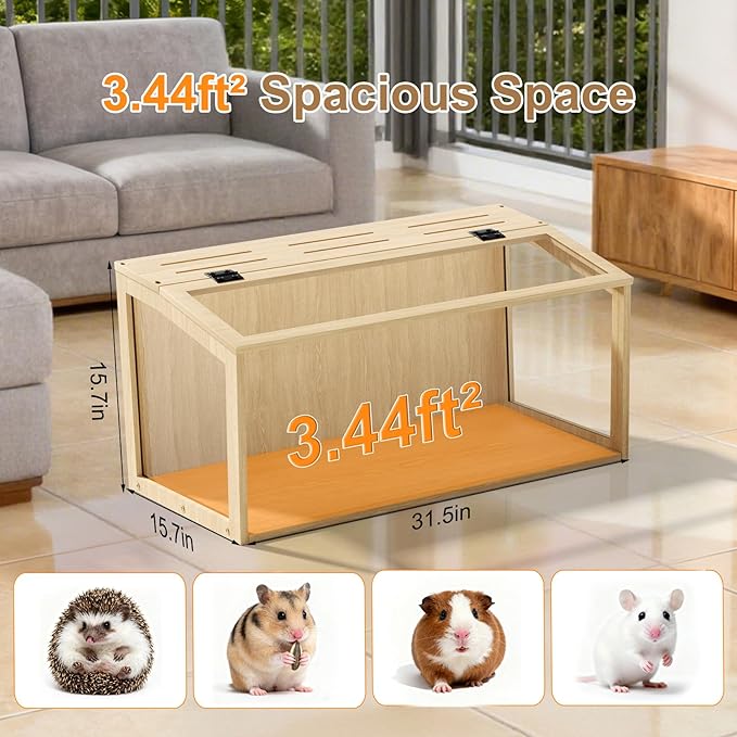 Hamster Cage: Wooden Small Animal Cage with Warm Light - 32Inch Large Clear Hamster House Chewy Proof with Openable Breathable Top