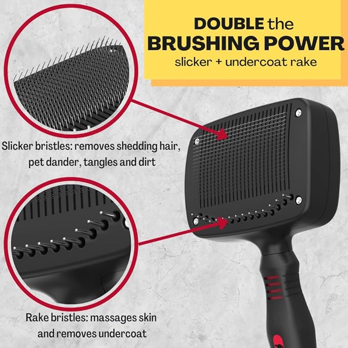Self Cleaning Dog Brush – 2 in 1 Slicker & Undercoat Rake for Medium to Long Fur – Dual Action Pet Hair Removal & De-Shedding Comb with Comfort Grip – Black/Red