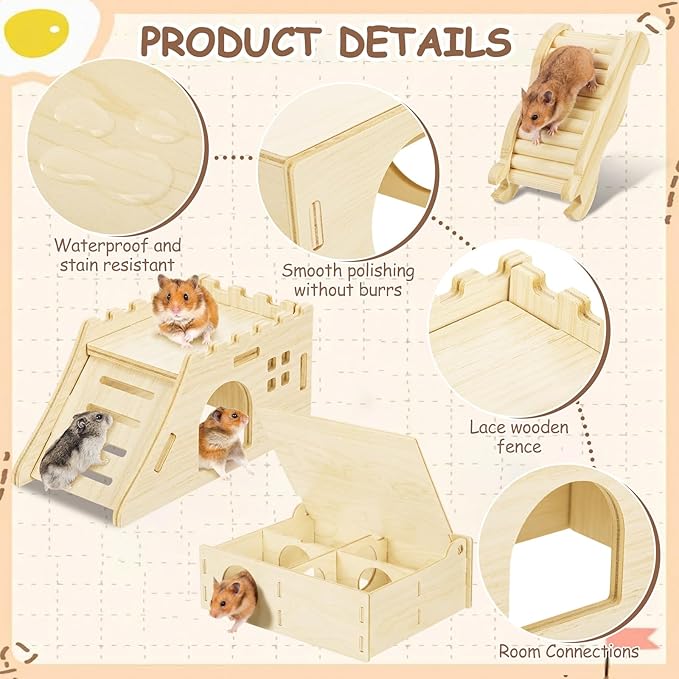 BreezeHug 4 Pcs Hamster Platform Hideout Wooden Tunnel Ladder Playhouse Hamster Game Climbing Toy with Platform Cage Accessories for Pets Dwarf Syrian Mice Degus Gerbils Squirrel(Castle)