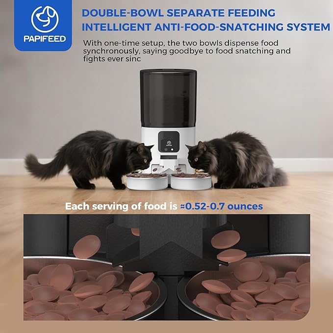 PAPIFEED Automatic Cat Feeder 2 Cats, 2.4G WiFi Cat Food Dispenser with App, 7L Slow Feeder Timed Cat Feeder for Dry Food, 10 Meals/Day, 12 Portions/Meal, Smart Pet Feeder for Small Dog, White