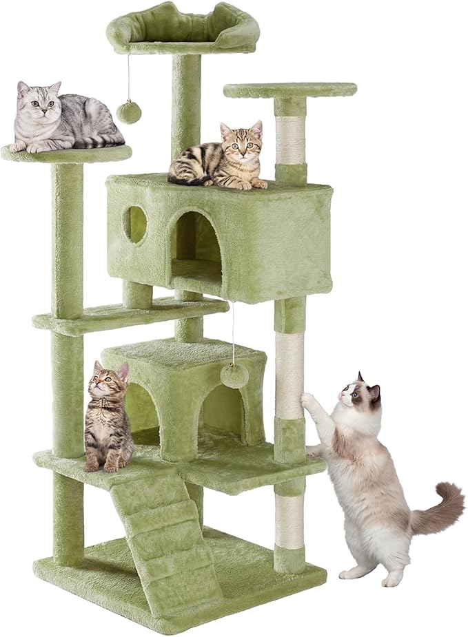 Sweetcrispy 54 Inch Cat Tree Tower, Multi-Level with Cat Scratching Post, Indoor Cat Condo with Climbing Ladder, Plush Toy, Play House for Cat, Green