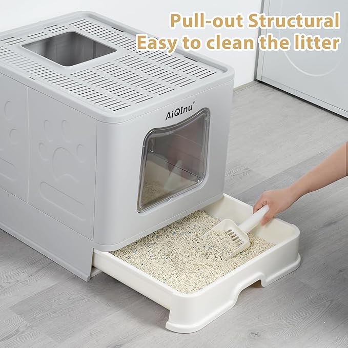 AiQinu XLarge 80L Foldable Cat Litter Box with Lid, Top Exit & Front Entry Kitty Litter Box, Includes Litter Mat & Scoop, Odor Control Anti-Leakage, Easy Clean Large Cat Toilet (Gray)