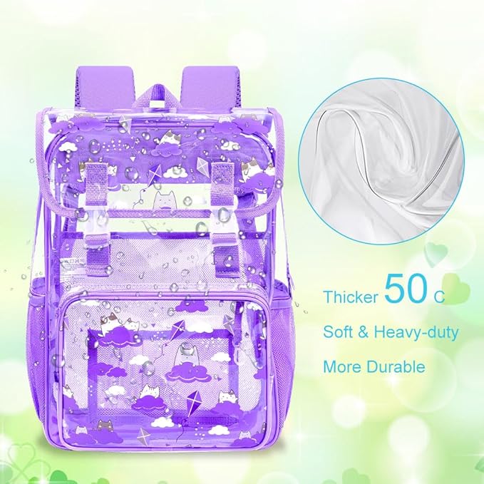 17" Cat Clear Backpack for Girls - 3Pcs Flip Design Stadium Approved Set, Campus/School Transparent Bookbag (Purple)