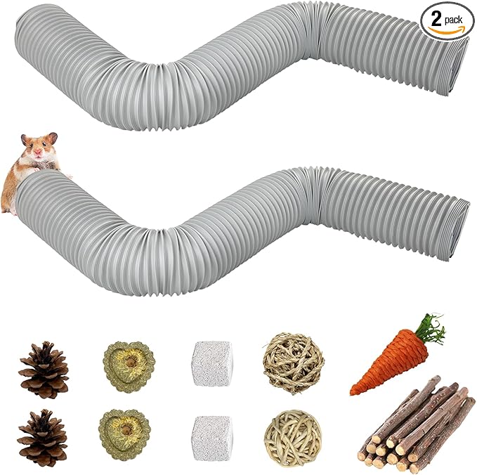 PINVNBY Plastic Hamster Cage Tunnels with Chew Toy,2 PCS Small Animal Folding Tube Guinea Pigs Training Hideout Tunnel 19 PCS Ferrets Cage Accessories for Mouse Gerbils Rats Mice(Gray)