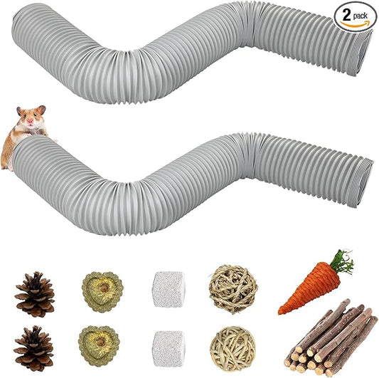 PINVNBY Plastic Hamster Cage Tunnels with Chew Toy,2 PCS Small Animal Folding Tube Guinea Pigs Training Hideout Tunnel 19 PCS Ferrets Cage Accessories for Mouse Gerbils Rats Mice(Gray)
