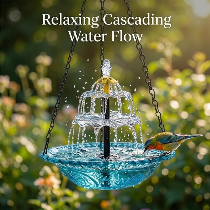 Hanging Solar Bird Bath Fountain, Solar Powered Cascading Outdoor Water Fountain, Hanging Bird Bath with Water for Outdoors Garden Patio Backyard Lawn Decor (Blue)